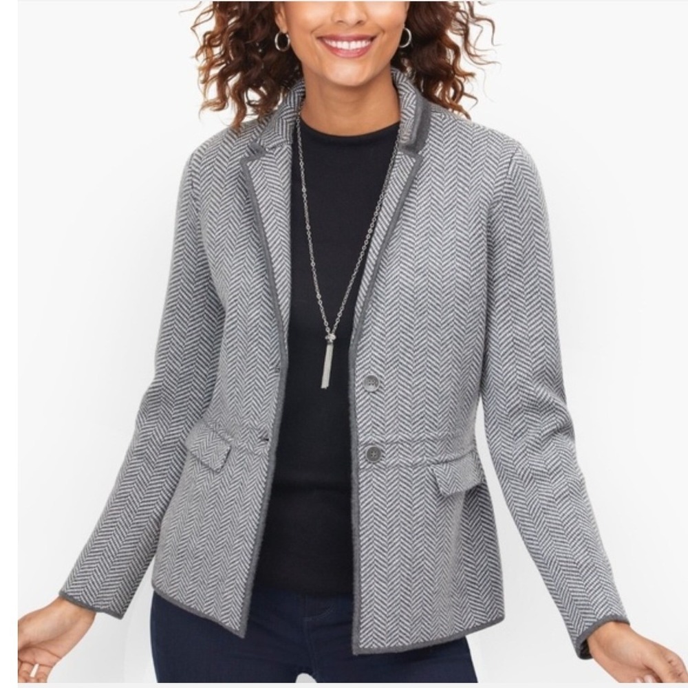 Talbots Petite Grey Herringbone Merino Wool Blazer Sweater Jacket- SP